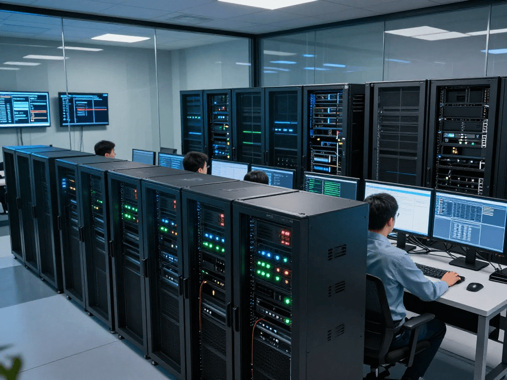 rokok88 server infrastructure with technicians managing high-performance technology in a modern data center