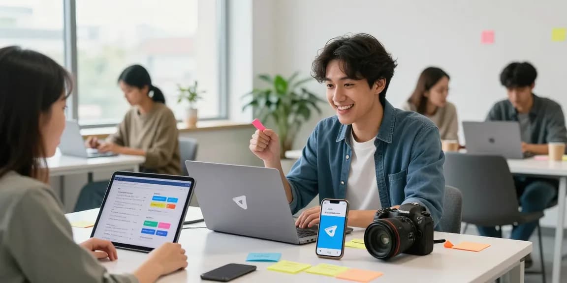 Team member showcasing Telegram Download app in modern co-working space.