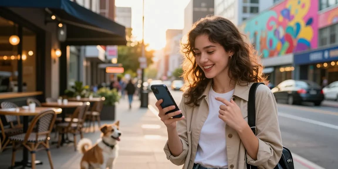 Engaging moment with a young woman enjoying her girlfriend AI conversation in a vibrant urban café.