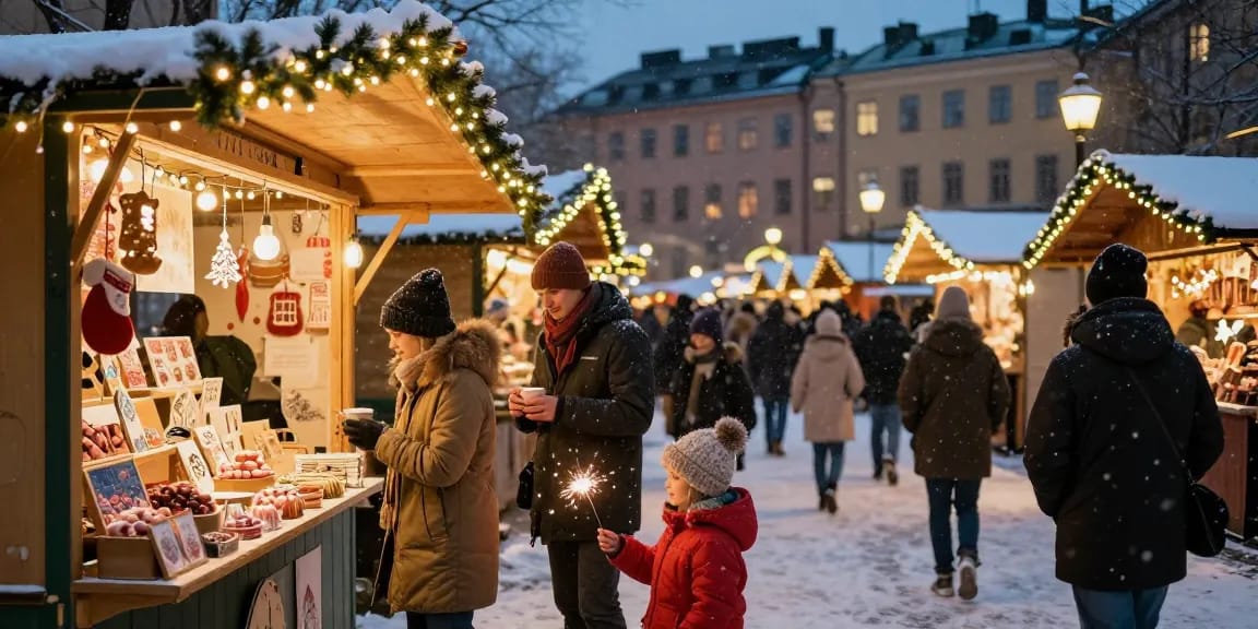 Julmarknad Stockholm med familj som njuter av varma drycker och hemlagade hantverk.