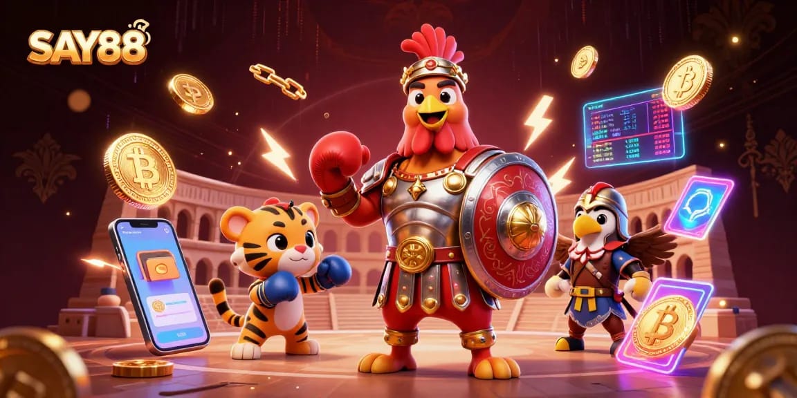 SAY88 showcases a vibrant 3D casino-themed illustration highlighting winning moments and exciting gameplay.