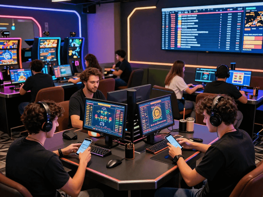 Crypto casino scene with diverse players engaged in gaming, digital displays, and vibrant atmosphere.