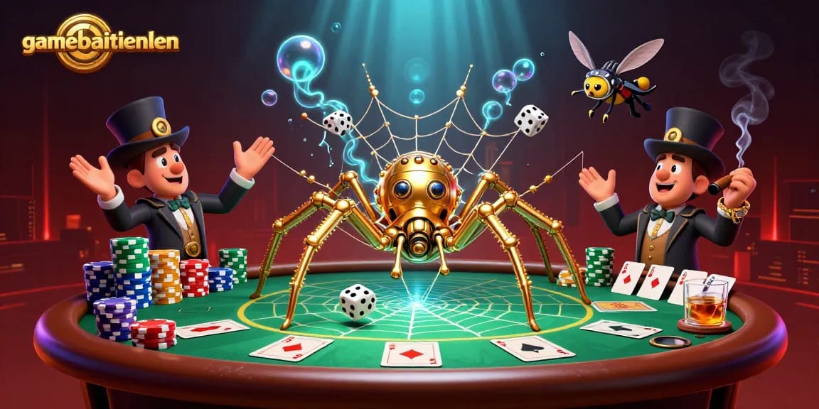Engage with exciting gameplay action at gamebaitienlen, showcasing a golden spider web full of poker chips and dazzling cards.