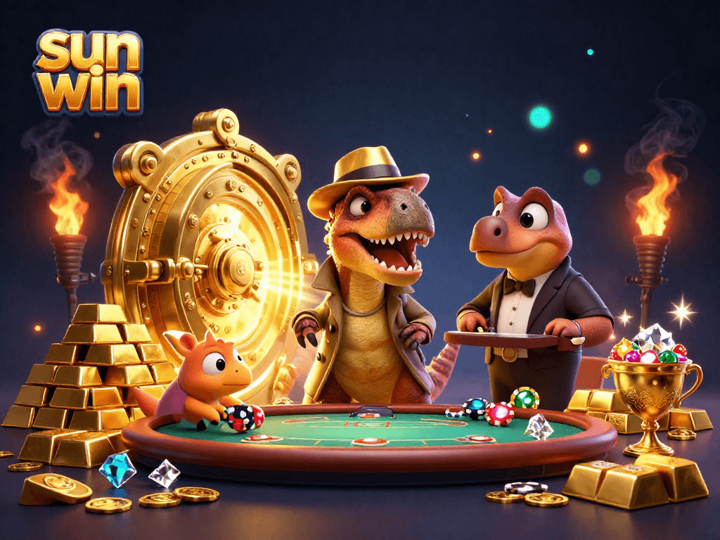 Try your luck at Sun Win with engaging casino activities, featuring a clever velociraptor card counter.