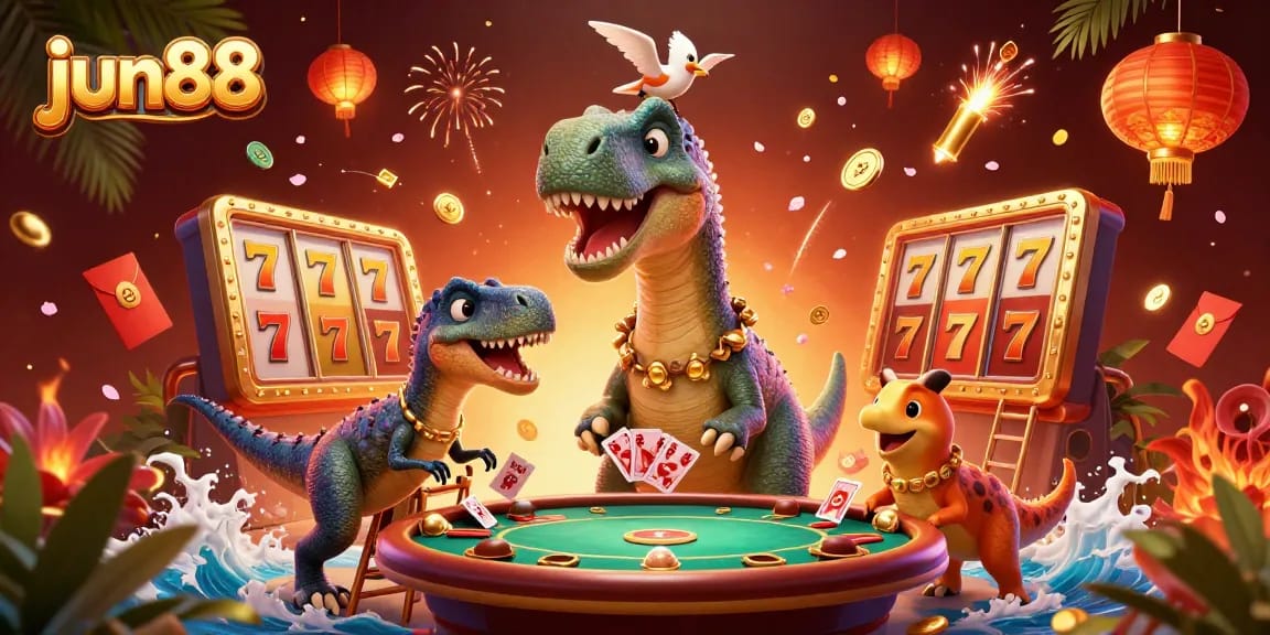 Experience the action at jun88 with a lively casino scene featuring a giant brontosaurus and raptor dealers.