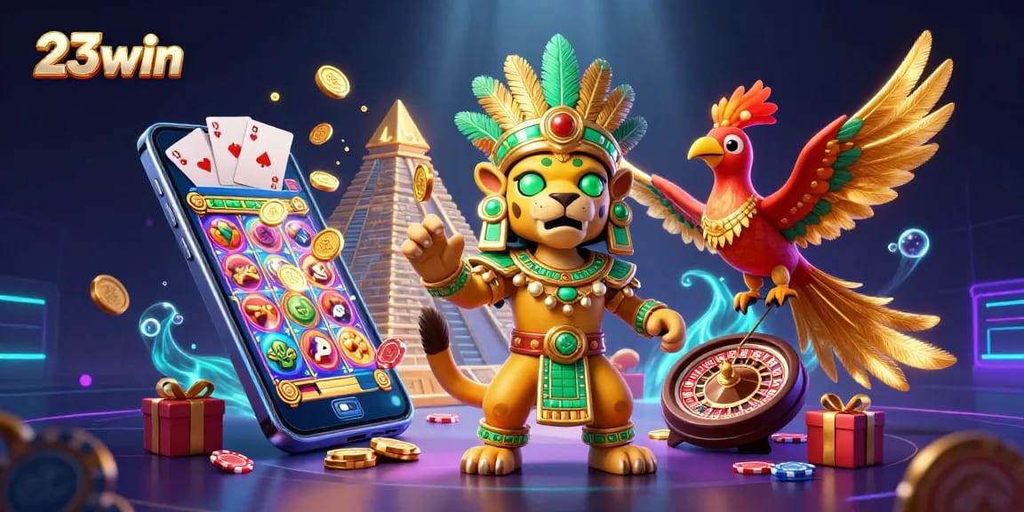 Engage with the vibrant 23win slot gaming scene featuring a Mayan priest and magical elements.