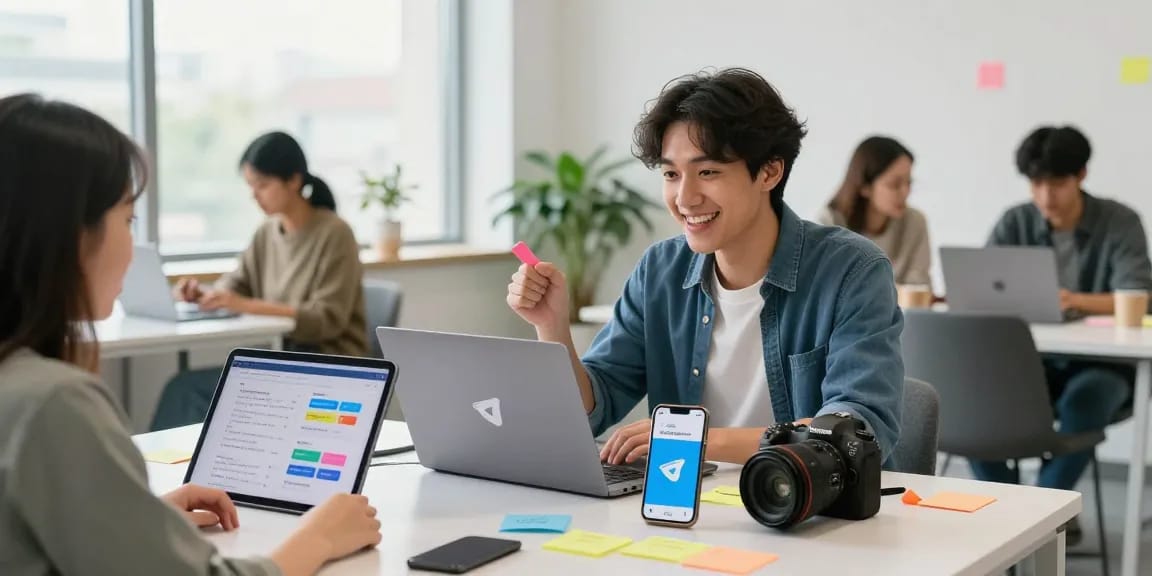 Team member showcasing Telegram Download app in modern co-working space.