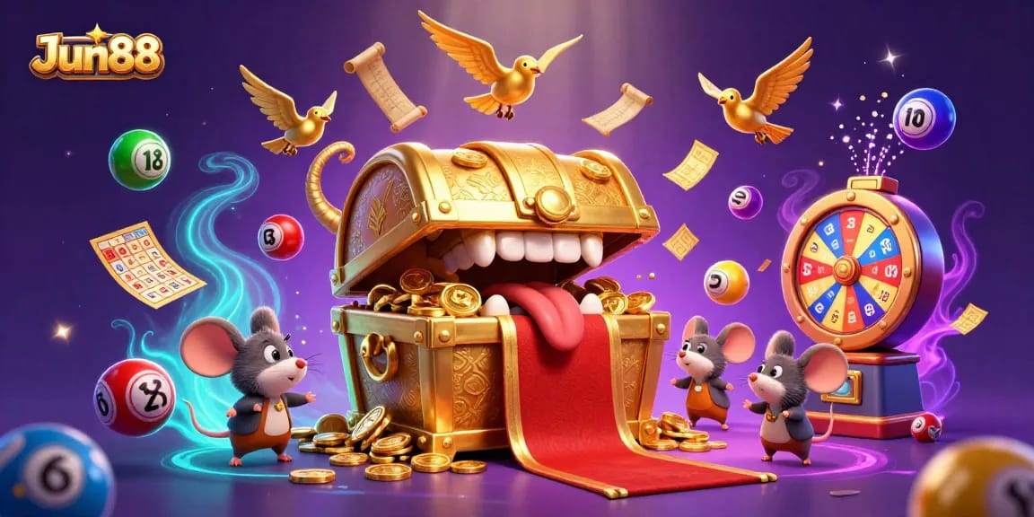 Jun88 casino adventure scene with a treasure chest, lottery balls, and golden elements.