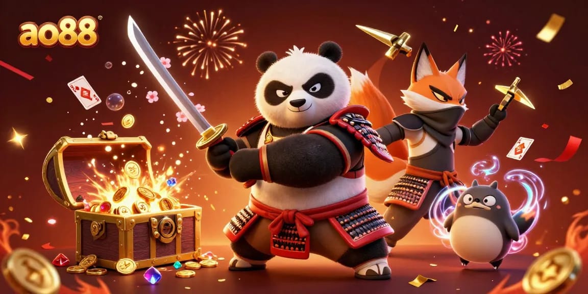 Experience thrilling wins at ao88 with samurai panda, ninja fox, and magical tanuki in a vibrant casino scene.