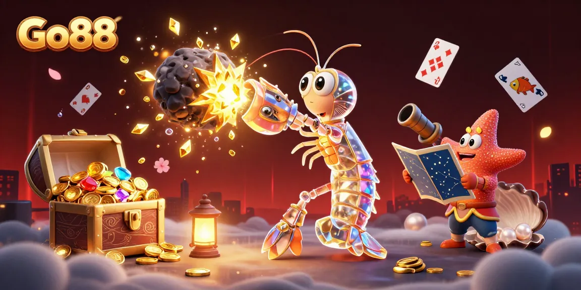Engaging Go88 scene showcasing a dynamic mantis shrimp in a vibrant casino-themed illustration
