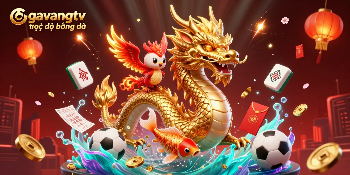 Engage with gavangtv trực tiếp bóng đá and vibrant gaming elements featuring a golden dragon, phoenix, and koi fish.