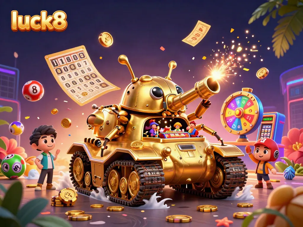 Play and win at luck8's vibrant casino scene featuring games and lively elements.