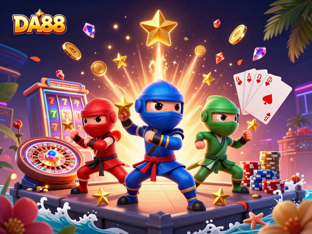 Win big with DA88 while a ninja chameleon team showcases their casino gaming skills.