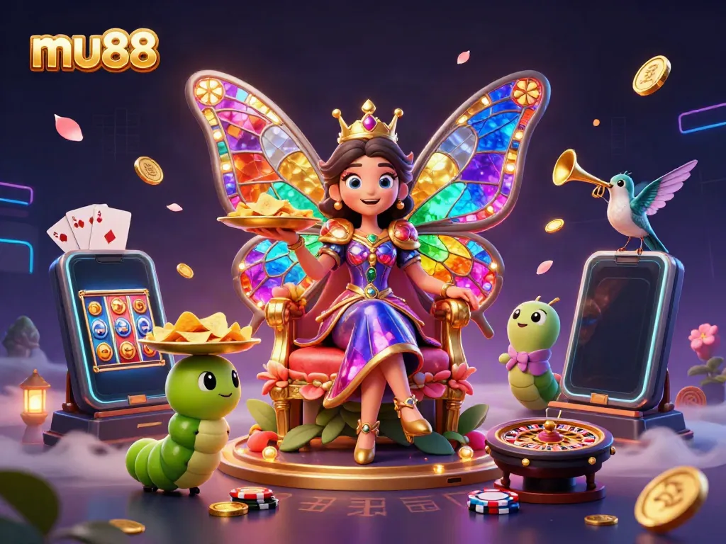 Experience vibrant gaming action at mu88 with a butterfly queen and casino elements.