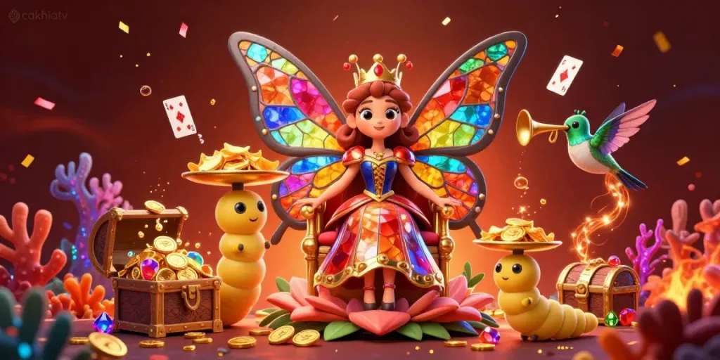 Cakhiatv celebrates sports betting with a whimsical butterfly queen and vibrant casino-themed elements in a vivid illustration.
