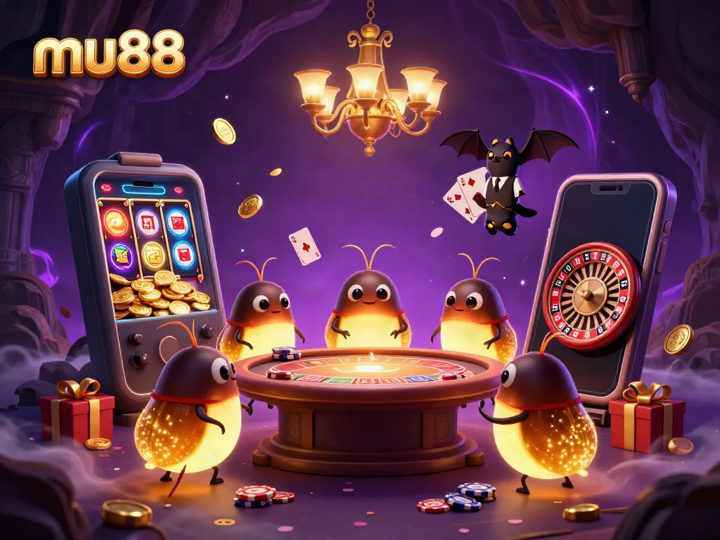 Experience the vibrant mu88 casino environment with glowworms and a bat dealer in a dynamic 3D illustration.