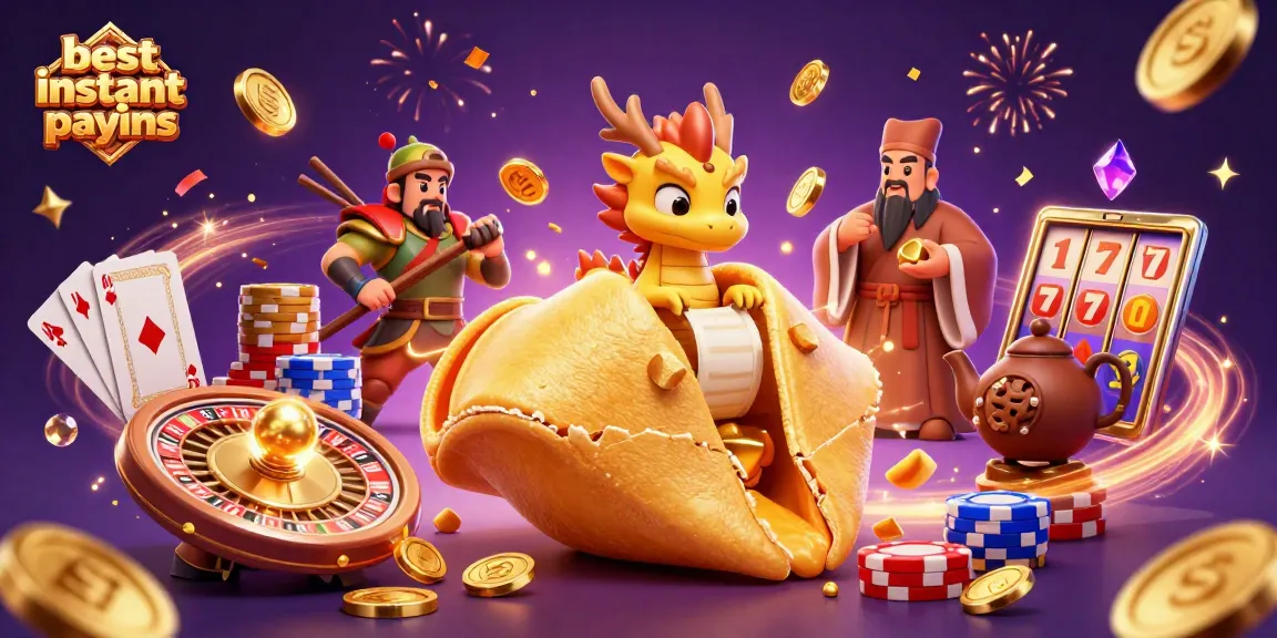 Experience the best instant payout casinos with a vibrant illustration of fortune cookies, dragons, and gaming elements.