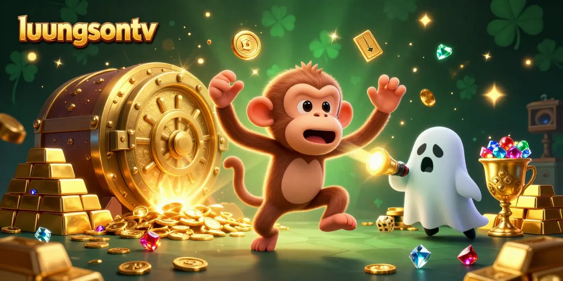 Experience luongsontv with lively illustrations showcasing a mischievous monkey juggling golden gambling elements.