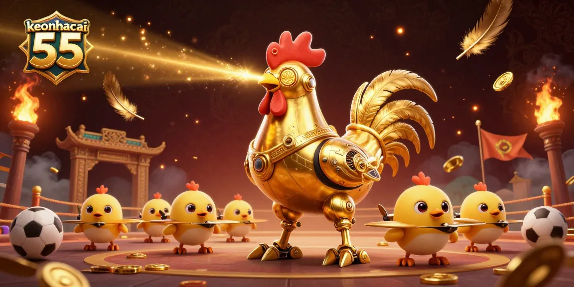Experience thrilling betting action with keonhacai 55 in this dynamic casino illustration featuring a golden rooster robot.