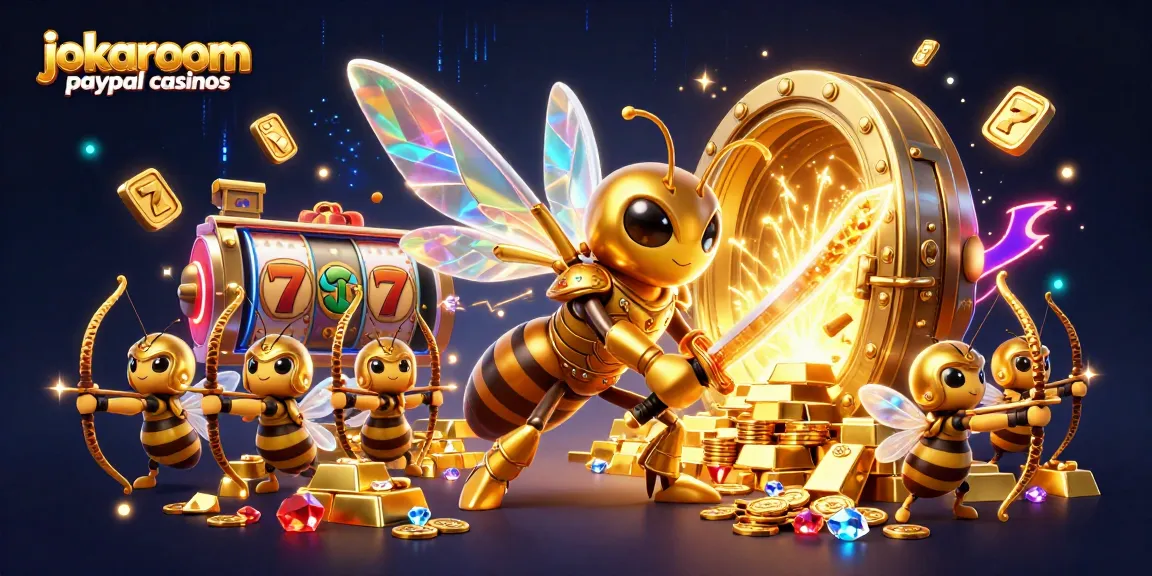 Experience thrilling action at jokaroom paypal casinos with a vibrant 3D illustration of golden hornets and treasure.