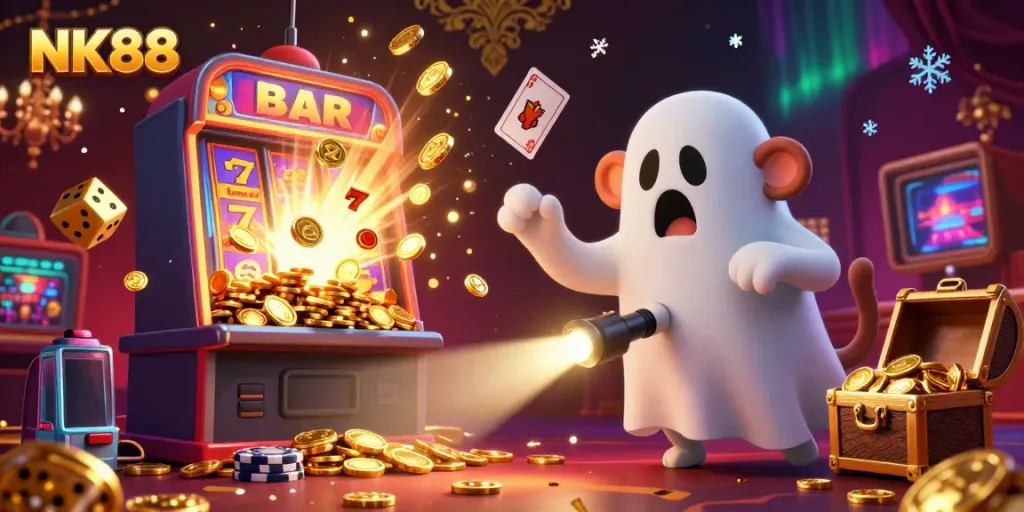 Engage with NK88's thrilling casino experience, featuring a monkey juggling coins amid vibrant slot action.