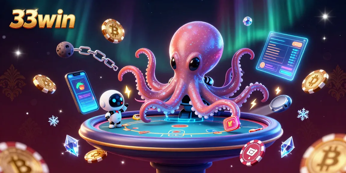 Experience a thrilling poker game with 33win amidst alien characters and crypto coins.