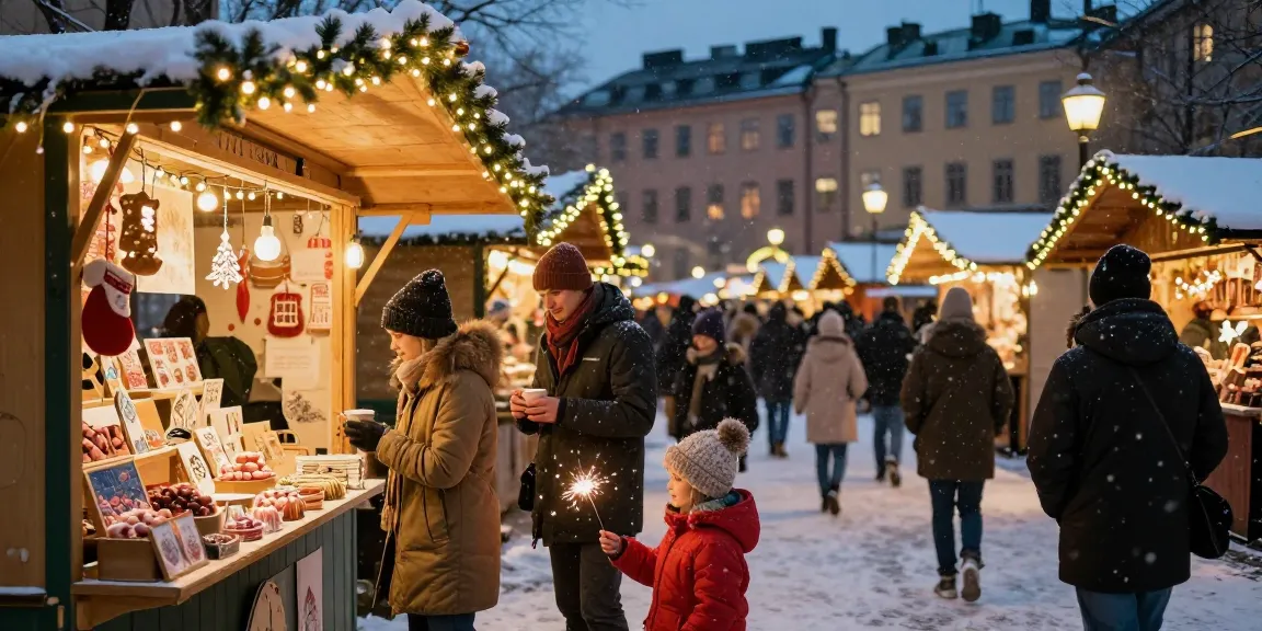 Julmarknad Stockholm med familj som njuter av varma drycker och hemlagade hantverk.