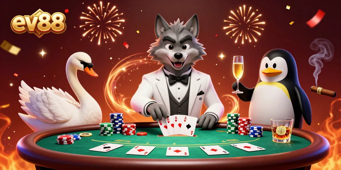 Bet on ev88 at a vibrant casino table with a charming wolf and elegant swan dealing cards.