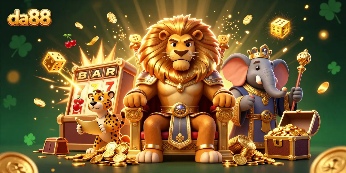 Experience the thrilling atmosphere of da88 with a majestic lion king surrounded by dazzling casino elements.