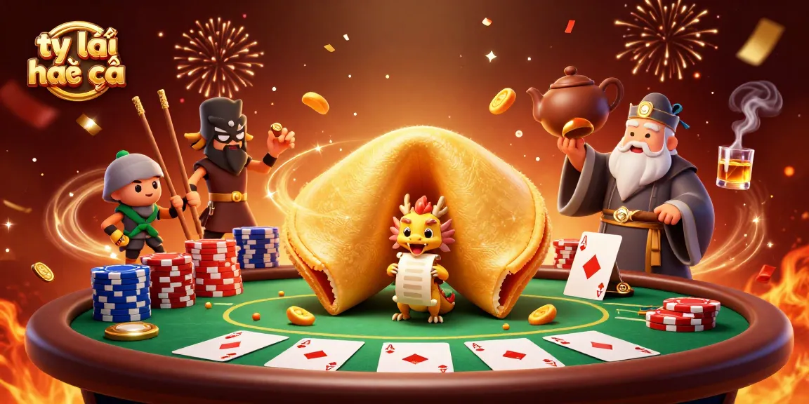 Engage with tỷ lệ nhà cái insights through a stunning illustration of gambling elements and fortune cookie characters.