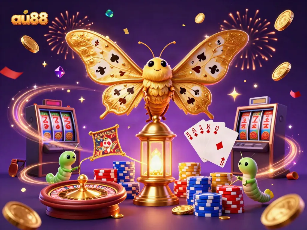 Engage with the vibrant world of au88, where golden casino treasures, moths, and dynamic gaming elements come alive.