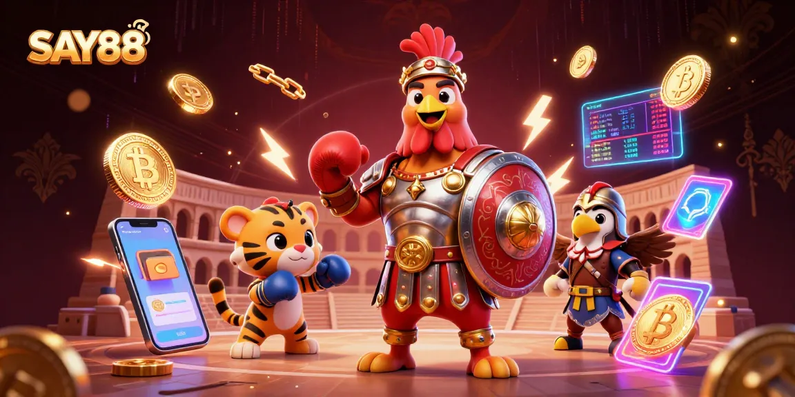 SAY88 showcases a vibrant 3D casino-themed illustration highlighting winning moments and exciting gameplay.