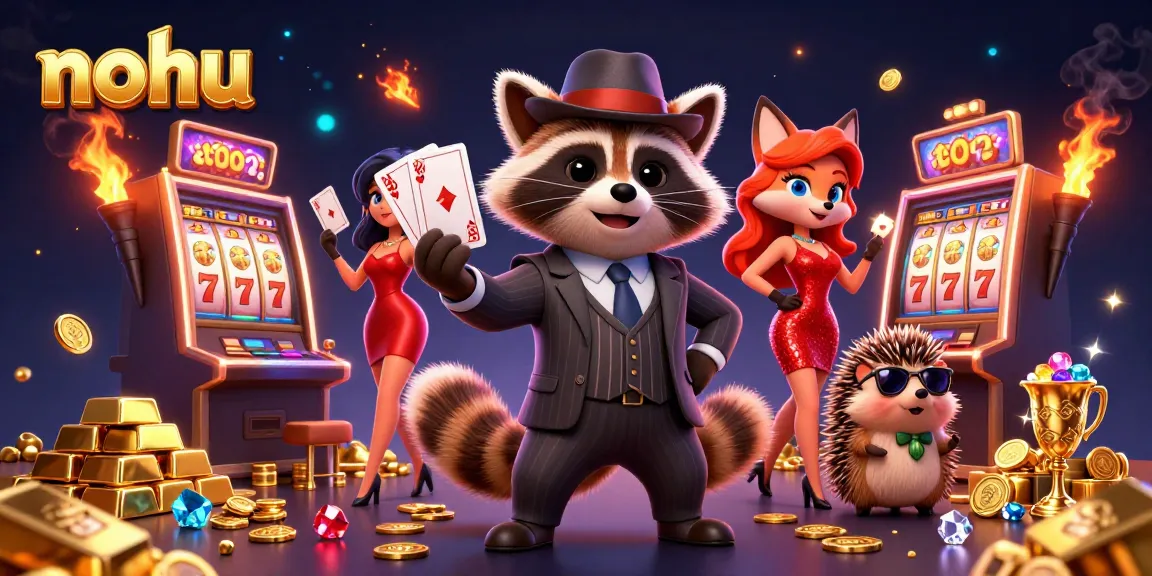 Nohu slot game scene featuring a raccoon in a suit, a fox in a dress, and a hedgehog bouncer amidst gold bars and spinning reels.