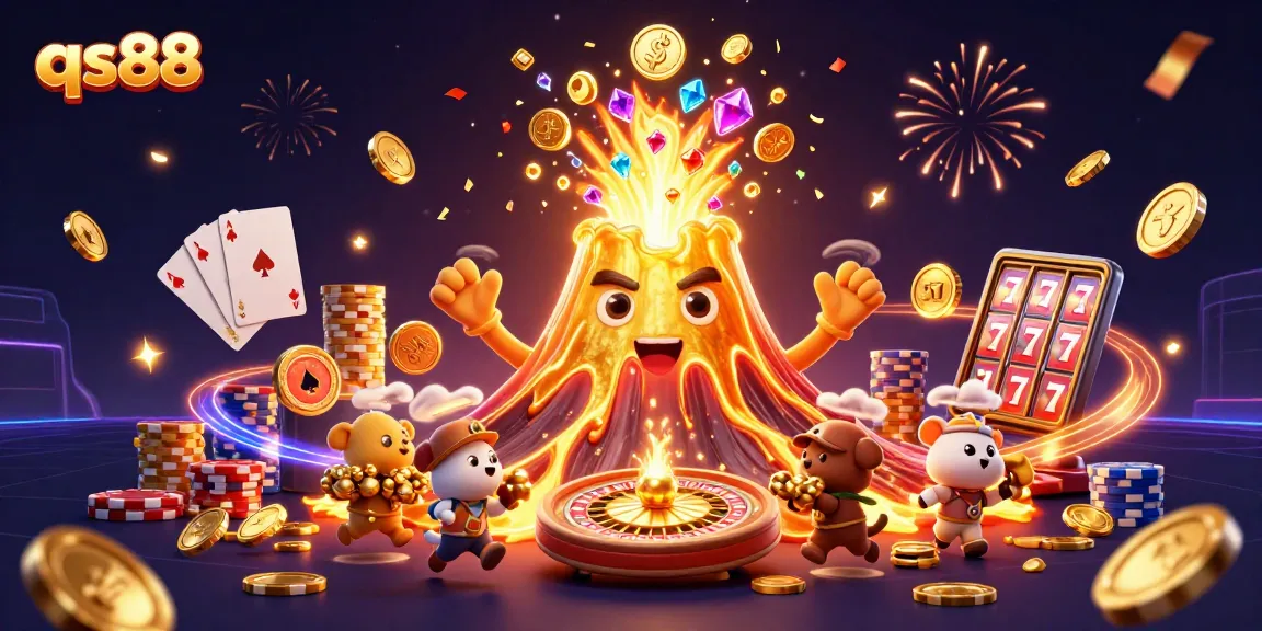 Spin and win with qs88 as adorable characters escape a golden erupting volcano treasure.
