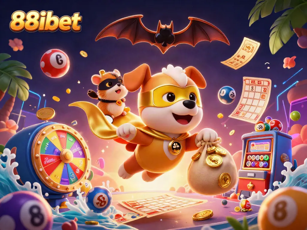 Experience thrilling moments with 88ibet's superhero dog and hamster in this dynamic casino illustration.