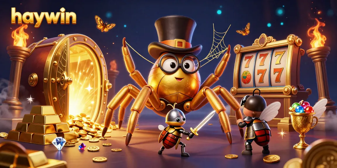 Engage in dynamic casino action at haywin with golden tarantula and beetle knight illustration.