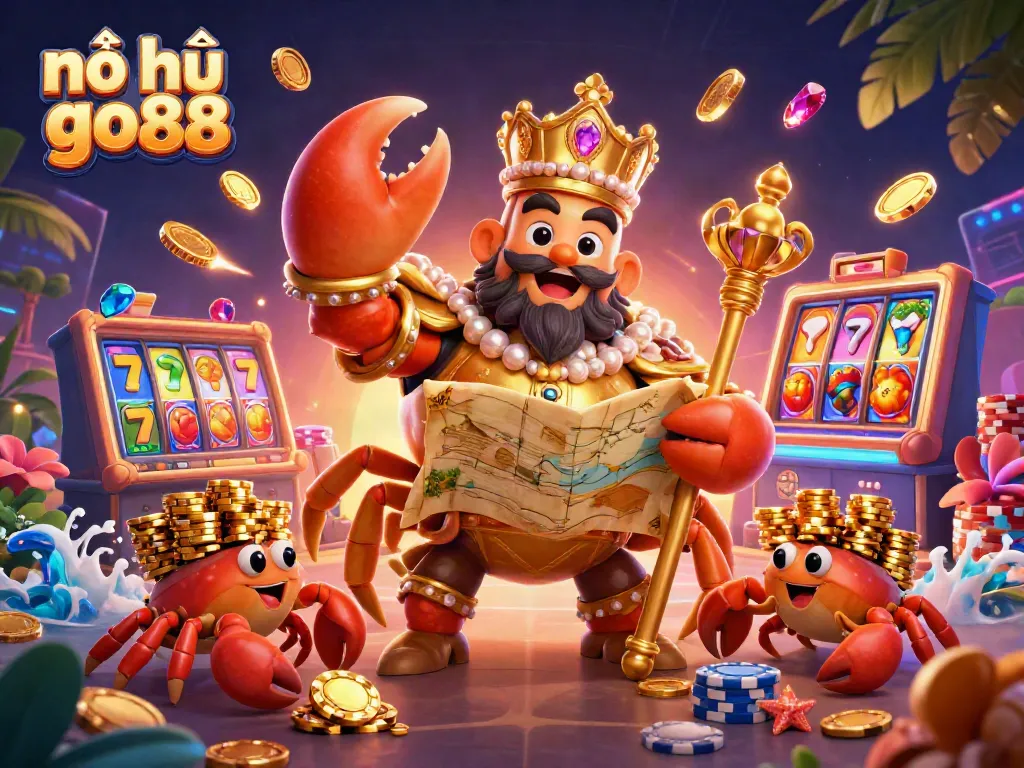 Win big with nổ hũ go88 in a vibrant, dynamic online casino illustration featuring a golden crab emperor.