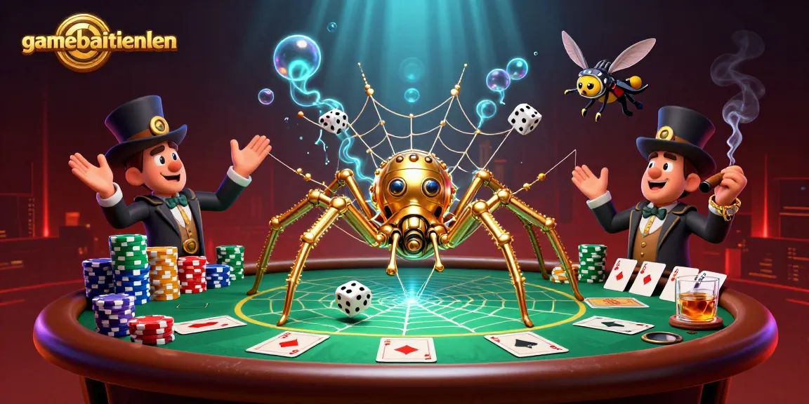Engage with exciting gameplay action at gamebaitienlen, showcasing a golden spider web full of poker chips and dazzling cards.