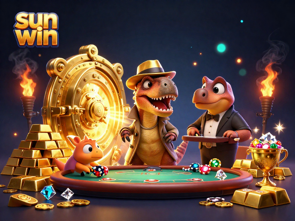 Try your luck at Sun Win with engaging casino activities, featuring a clever velociraptor card counter.