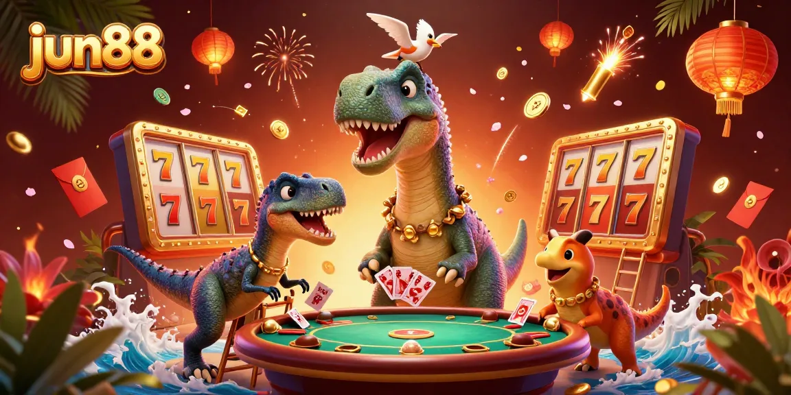Experience the action at jun88 with a lively casino scene featuring a giant brontosaurus and raptor dealers.