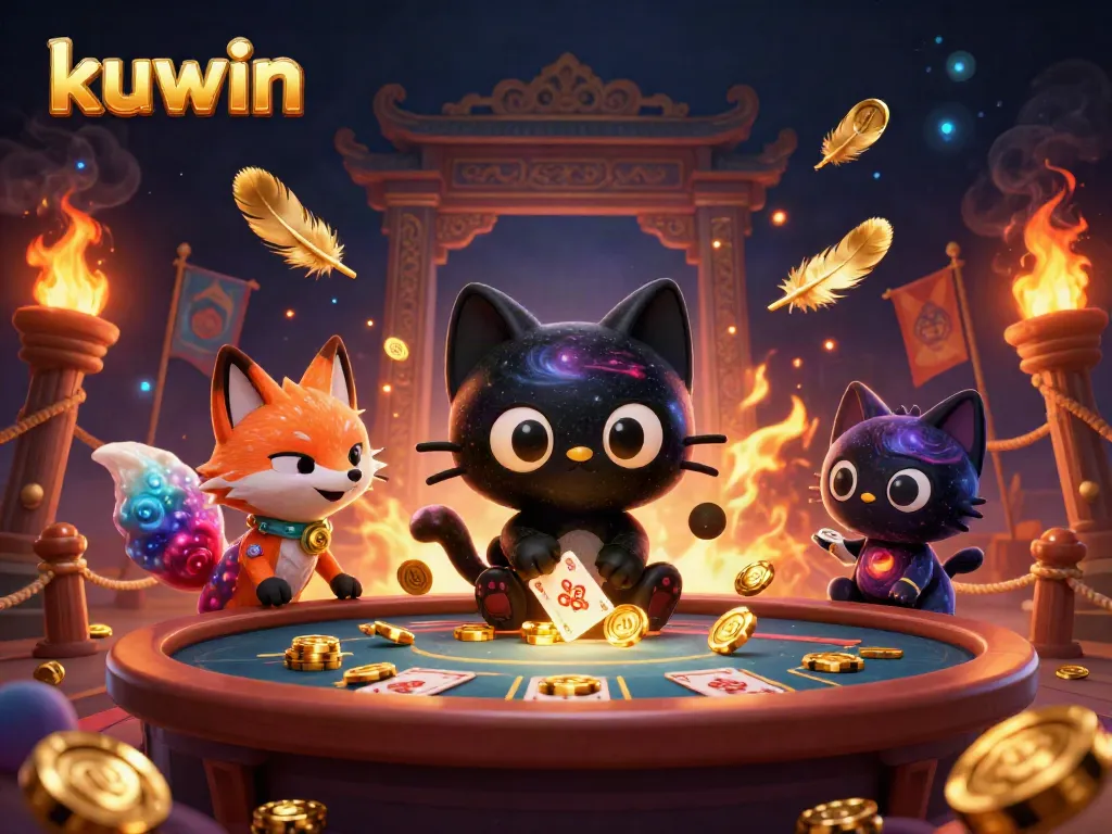 kuwin promotes exciting casino experiences with 3D cartoon characters at a cosmic gaming table.
