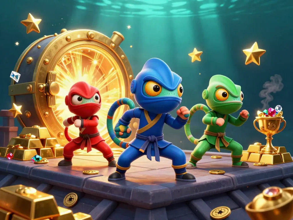 Betting uden dansk licens visuals featuring chameleon ninjas and treasure elements to entice players.