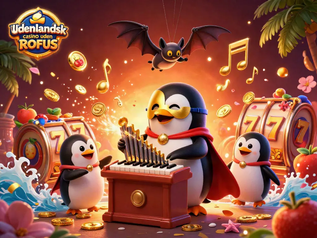 Engage in udenlandsk casino uden ROFUS with a colorful illustration of a penguin playing an organ, shooting coins.
