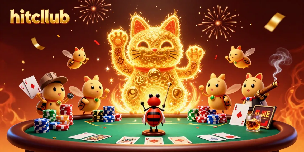 Experience the thrill of hitcllub with our vibrant lucky cat illustration at a poker table.