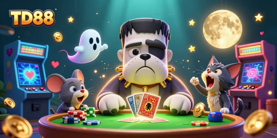 Experience thrilling gameplay at TD88 with a lively cartoon scene featuring iconic casino characters.