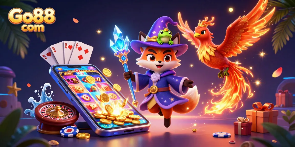 Engage with exciting gaming on Go88 com, showcasing an enchanting casino scene with colorful gaming elements.