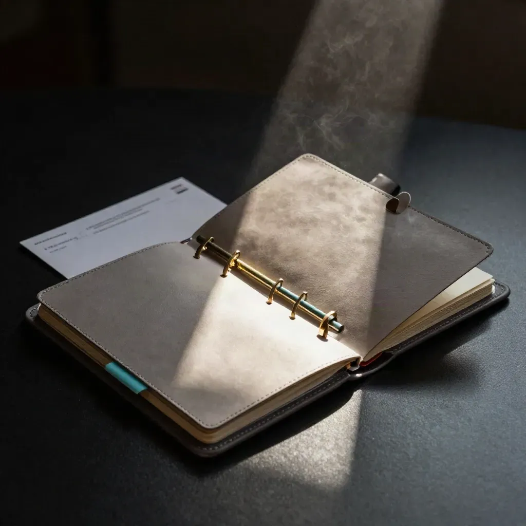 Dramatisk produktbild av en tillväxtplansportfölj med notebook och mässingsdetalj i mörkt ljus.