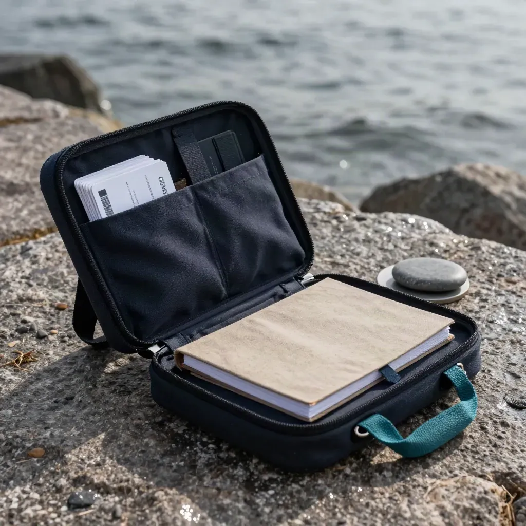 Öppet workshop-kit i mörkt canvas på en kajsten vid hamnen, med tealdetalj och havsdimma.