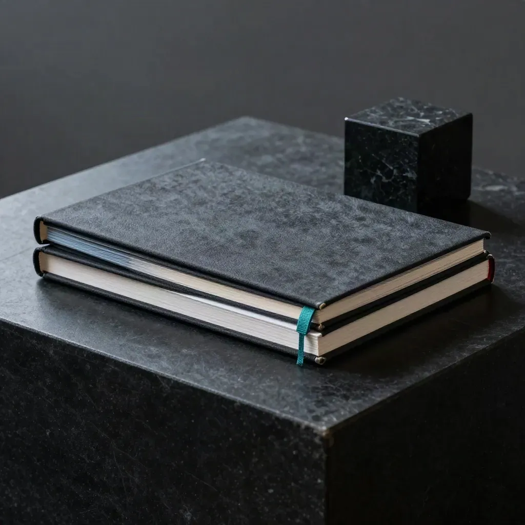 Mörkt rådgivningskit med folio, anteckningsbok och stenkub i dramatisk studiobelysning.