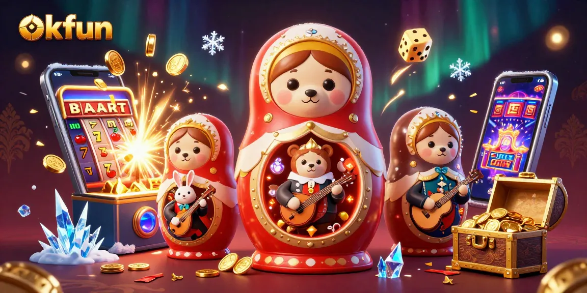 Experience the exciting okfun slots with a visual of colorful casino elements and lively characters.